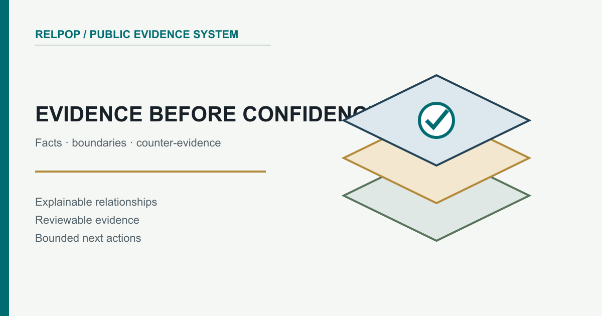 Layered evidence model separating facts, inferences, and bounded confidence.