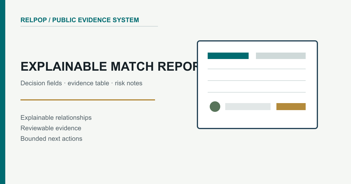 Structured report layout with decision fields, evidence rows, and risk indicators.