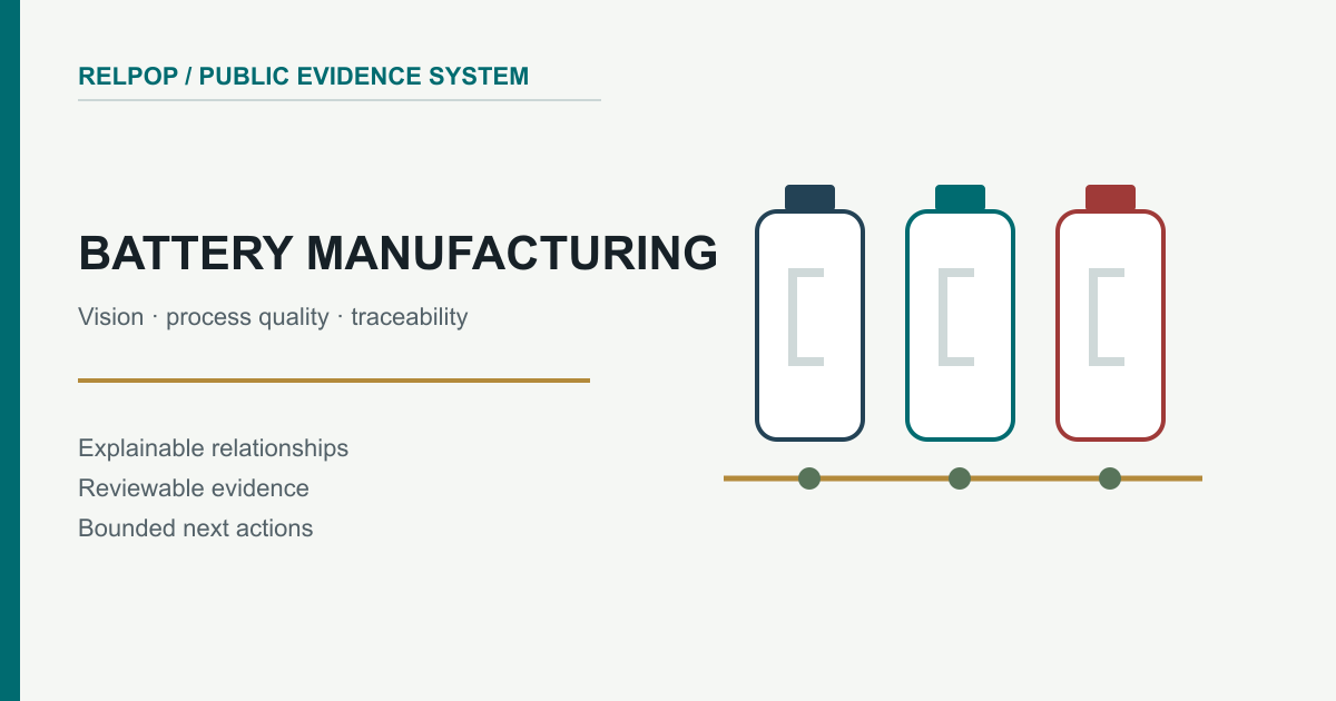 Battery production cells connected to a quality and traceability line.